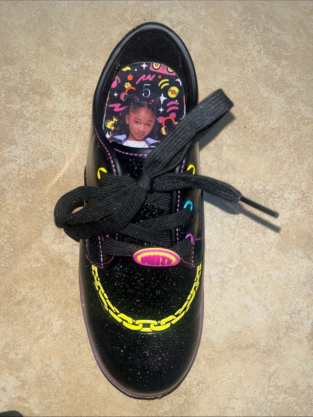Kids Black Glitter Sneakers with Neon Accents that girl lay lay!